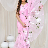 Pink Gown Organza Fusion Sarees With Hand Painted