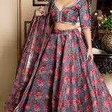 Dark Grey Chanderi Lehenga Set With Floral Printed