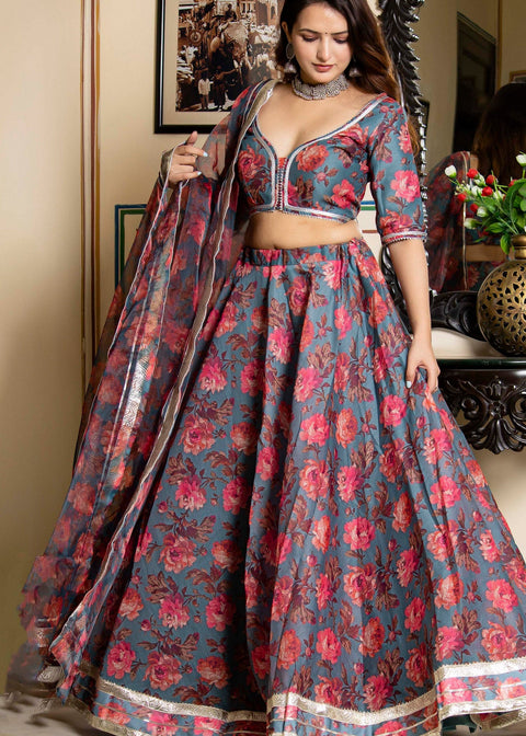 <img> Dark Grey Chanderi Lehenga Set With Floral Printed