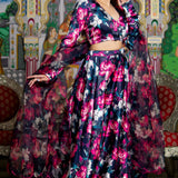 Black Satin Lehenga Set With Floral Prints