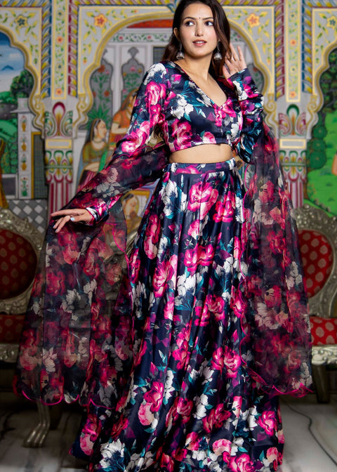 <img> Black Satin Lehenga Set With Floral Prints