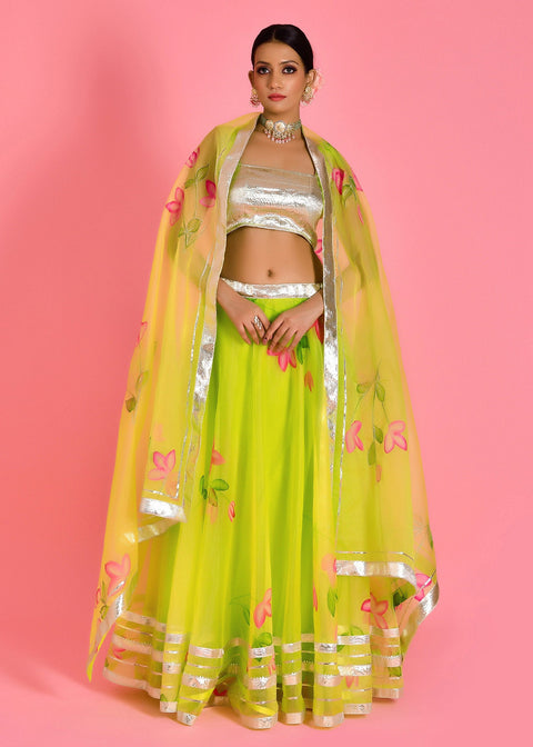 <img> Light Lime Green Cotton Lehenga Set With Organza Dupatta