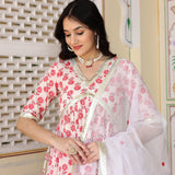 White And Red Floral Printed Cotton Kurta With Skirt Set