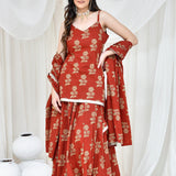 Maroon Cotton Kurta And Skirt Set With Floral Prints