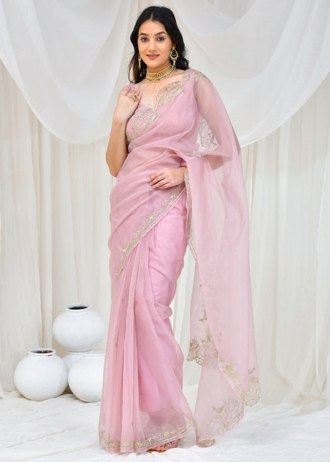 <img> Light Lilac Organza Saree With Aari Embroidery
