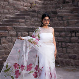 White Floral Painted Organza Saree
