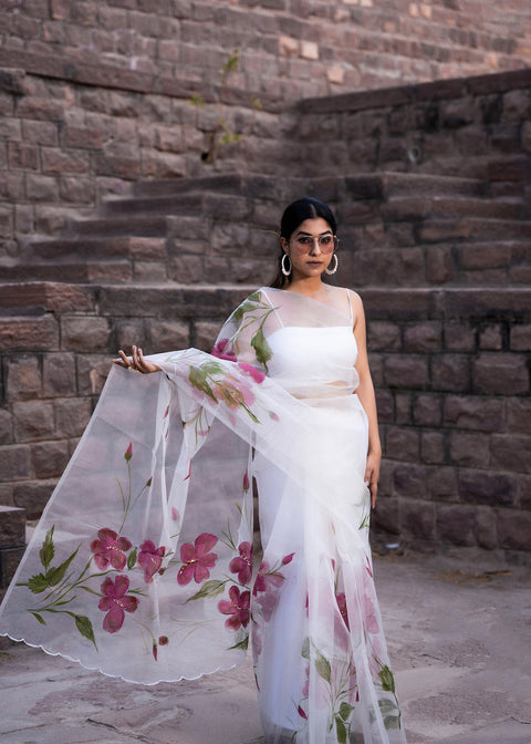 <img> White Floral Painted Organza Saree