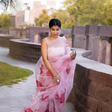 Pastel Pink Floral Painted Organza Saree