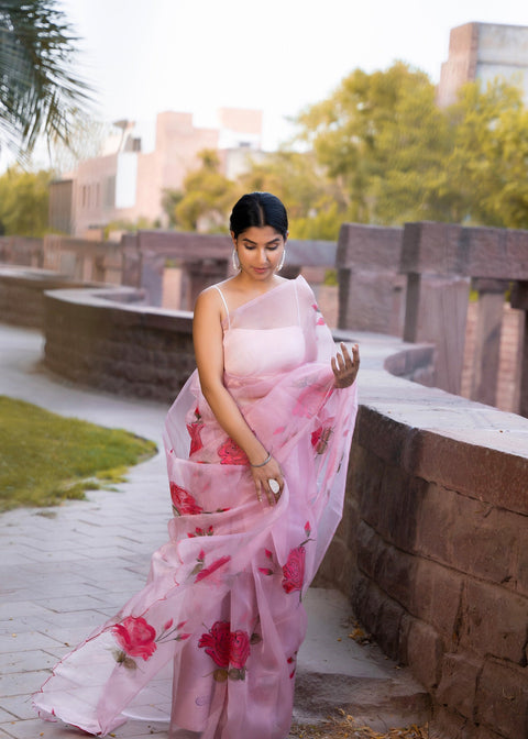 <img> Pastel Orange Saree Set With Organza Jacket