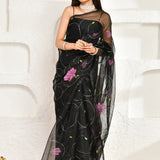 Black Floral Hand Painted Organza Saree