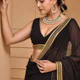 Smooth Black Georgette Saree With Lace Work Border