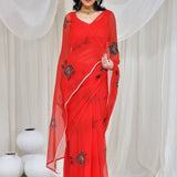 Red Georgette Hand Painted Saree