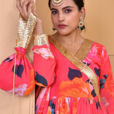 Strawberry Pink Georgette Anarkali Set With Floral Prints