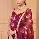 Maroon Chiffon Kurti Set With Floral Prints