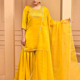 Yellow Satin Yoke Design Kurta With Sharara And Dupatta