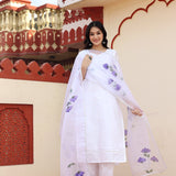 White Taffeta Silk Suit Set With Floral Prints