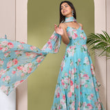 Sky Blue Muslin Anarkali Set