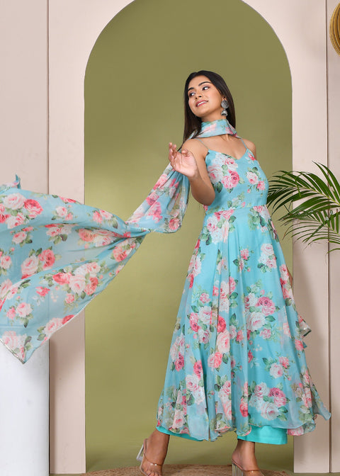 <img> sky blue muslin anarkali set