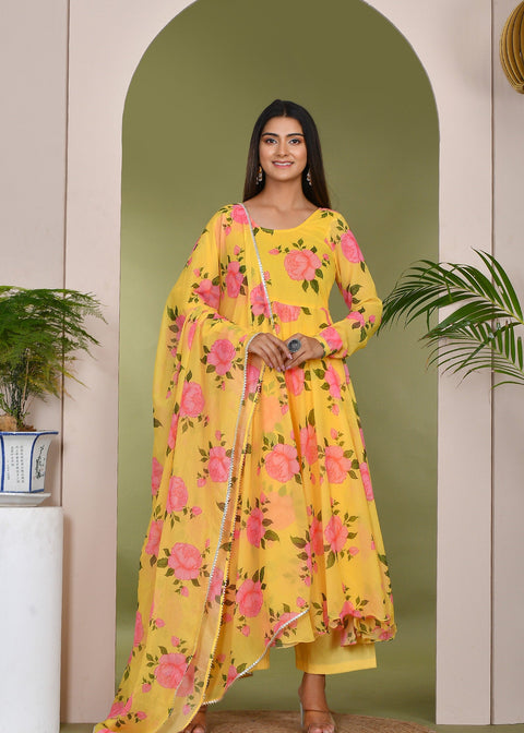<img> Summer Daffodil Yellow Muslin Anarkali Set