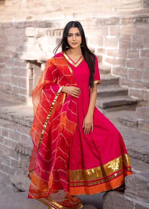 <img> Rani Pink Cotton Silk Anarkali Set