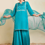Blue Green Silk Kurti With Sharara And Dupatta