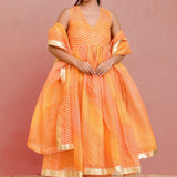 Orange Cotton Silk Anarkali Set With Stripes
