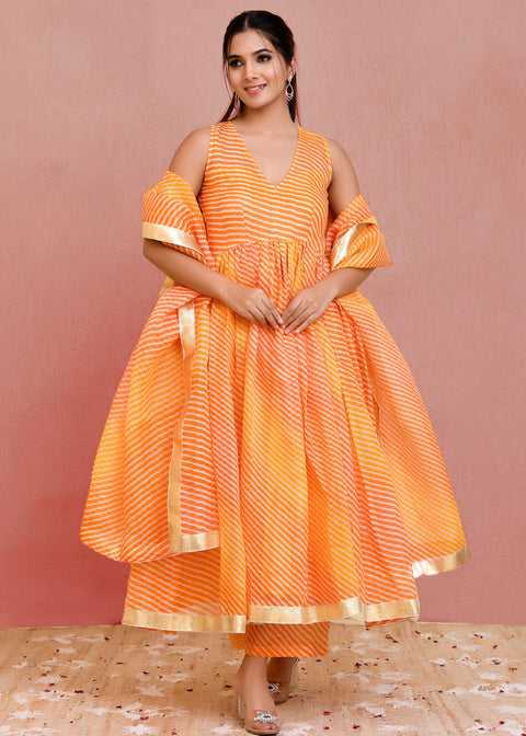 <img> Orange Cotton Silk Anarkali Set With Stripes