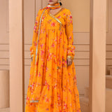 Orange Chiffon Anarkali Set With Printed Floral Design