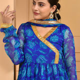 Blue Chiffon Anarkali Set With Printed Design
