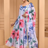 White Georgette Anarkali Set With Digital Print