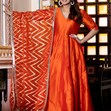 Tiger Orange Taffeta Silk Anarkali Set With Zari Woven Dupatta
