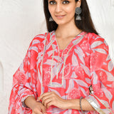 Punch Pink Chanderi Kurta Set With Floral Prints