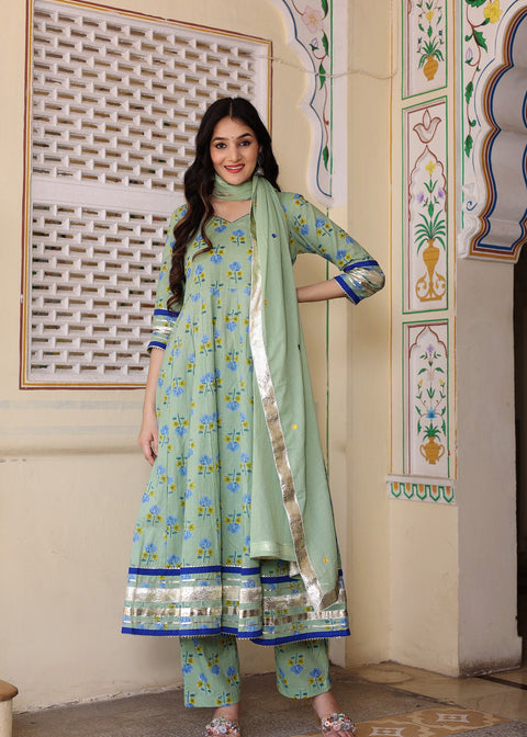 <img> Greenish Grey Cotton Anarkali Set