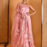 Dusty Rose Anarkali Set With Hand Printed Designs