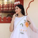 White Taffeta Silk Suit Set With Orange Floral Prints