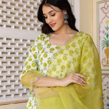 White And Green Cotton Anarkali Set With Handblock Prints