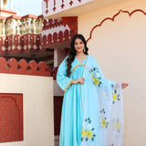 Blue Cotton Anarkali Set With Hand Painted Design