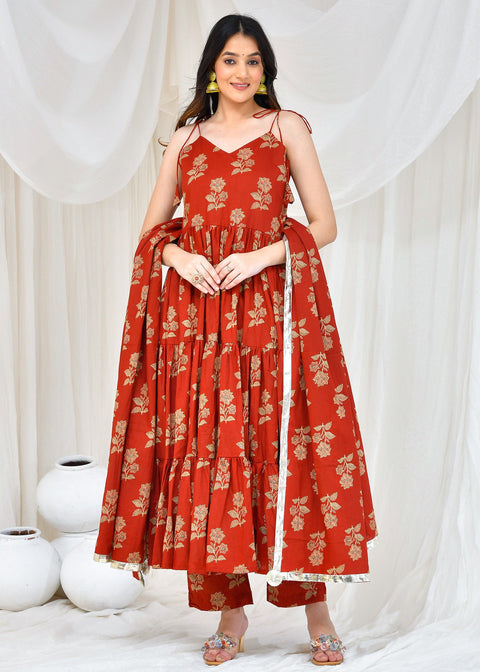 <img> Maroon Cotton Anarkali Set With Floral Prints