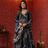 Dark Navy Blue Georgette Floral Printed Anarkali Set