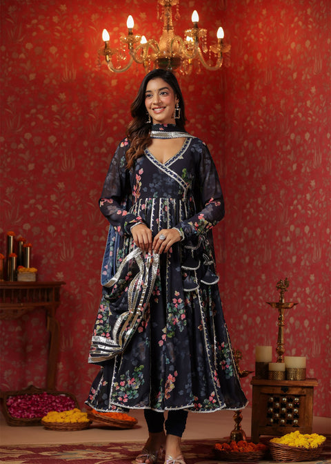 <img> Dark Navy Blue Georgette Floral Printed Anarkali Set