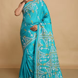 Verdigris Blue Pure Bangalore Silk Saree With Gujarati Craft