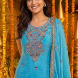 Sky Blue Floral Embroidered Silk Kurta Set