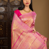 Golden Bright Pink Floral Kanjivaram Silk Saree