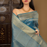 Dark Cyan Blue Floral Kanjivaram Silk Saree