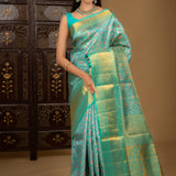 Turquoise Blue Floral Kanjivaram Silk Saree