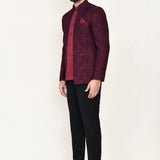 Maroon Jacquard Three Piece Suit Set