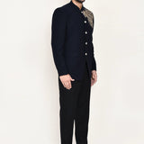 Dark Navy Blue Terry Rayon Prince Coat With Pant