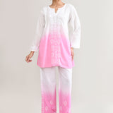 White And Pink Cotton Chikankari Suit Set
