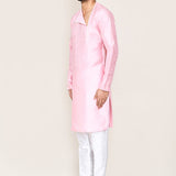 Soft Pink Art Silk Kurta Set With Designer Neck