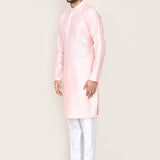 Pastel Pink Jacquard Silk Kurta Set With Designer Neck